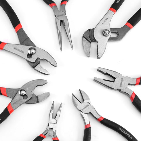 7-piece Set WORKPRO Pliers with Groove Joint, Long Nose, Slip Joint, Linesman, and Diagonal Pliers for DIY & Home Use