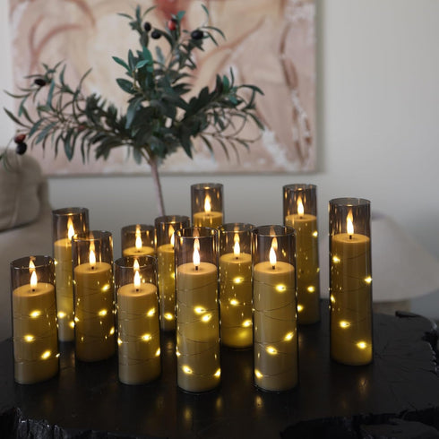 Set 12 Da by Flameless Candles with Recessed String Light, Battery Operated Candles, Acrylic LED Pillar Candles