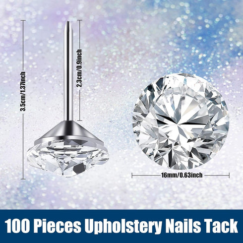 100 Pieces Upholstery Nails Tacks, Decorative Push Pins, Fancy Diamond Crystal Thumb Tacks for Furniture