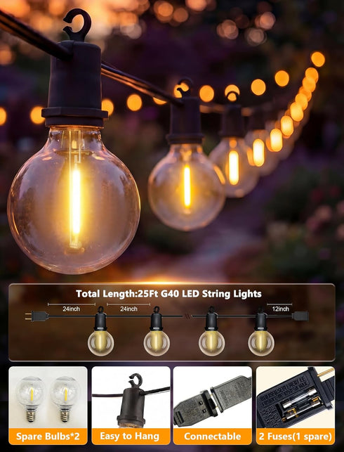 Xingzd 50ft 25 G40 Bulbs, LED Outdoor String Lights, Globe Shatterproof Hanging Patio Lights Plug in, Waterproof Warm