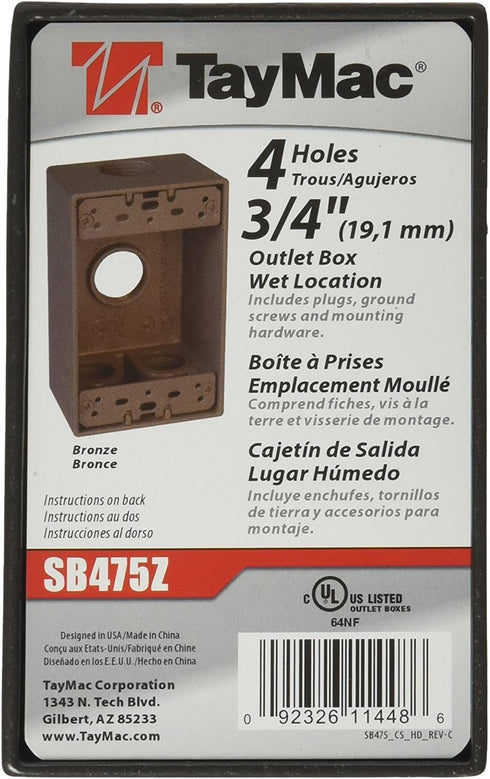 TayMac SB475Z Weatherproof Box, 1-Gang, (4) 3/4-Inch Outlets, Bronze