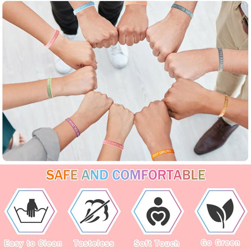JUNEBRUSHS 64pcs Motivational Quote Silicone Bracelets, Bulk Colored Inspirational Rubber Wristbands, Unisex