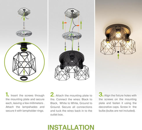 3xE26 120V ASD Black Semi Flush Mount Ceiling Light Fixture - ETL Modern Light Fixtures Ceiling Mount, Semi Flush Mount