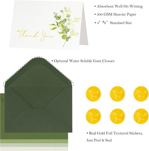 50 Pack Crisky Eucalyptus Thank You Cards With Envelopes Greenery Thank You Cards for Wedding,Bridal Shower,Baby