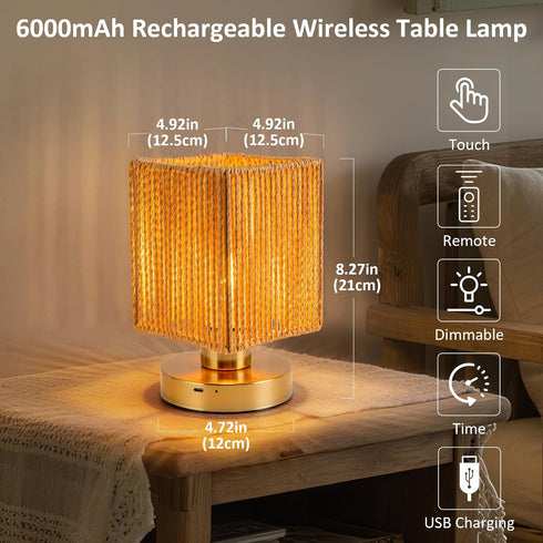 6000mah 3 Dimming Bulb Rattan Table Lamp, Battery Operated Table Lamp, Boho Small Desk Lamp, Brightness for Bedroom