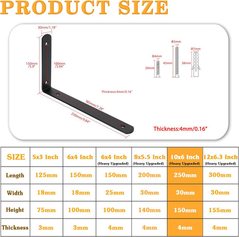 Support,10x6x1.2 Inch Upgraded(Pack 4) Alise Floating Shelf Brackets,Black Bracket for Shelves Heavy Duty L Wall