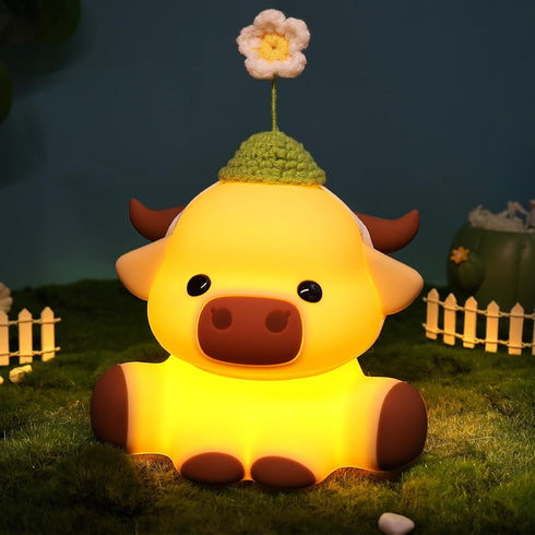 Dimmable Attivolife Highland Cow Night Light for Kids, Flower Cow Cute Animal Gift Soft Silicone LED Lamp