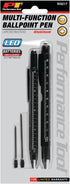 Performance Tool W9217 Multi-Function Aluminum Black Ballpoint Pens, 2 pk. with LED Light, Stylus, Ruler, Level,