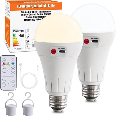 Cordless Rechargeable Battery Operated Light Bulbs, 2 Pack, E26 Wireless LED, 500LM, Dimmable, Timer
