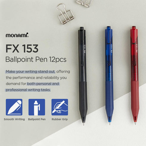 MONAMI FX 153, Retractable Ballpoint Pen, Medium Point (1.0mm), ISO-12757-2 Type Refill, Smudge-Free, Ultra Smooth F5 Ink, Black, 12-Count by MONAMI