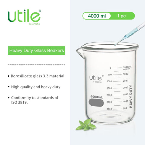 Utile Beaker Set, 1pc Low Form Heavy Duty Glass Beaker, 4000mL, Borosilicate 3.3 Glass