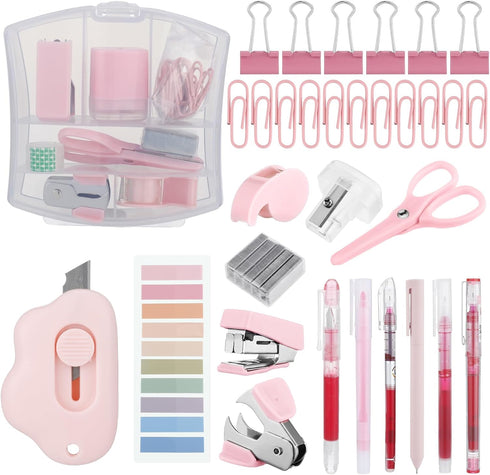 Mini Office Supply Kit - Includes Stapler, Tape Dispenser, Staple Remover, Scissors, Staples & More (Pink)