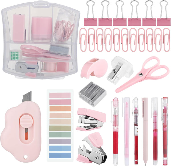Mini Office Supply Kit - Includes Stapler, Tape Dispenser, Staple Remover, Scissors, Staples & More (Pink)