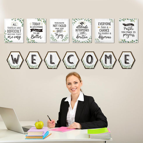 Epakh 13 Pcs Eucalyptus Bulletin Board Posters, Motivational Green Inspirational Quote Set for Classroom Decor