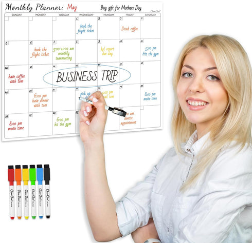 Clever Clean Non-Magnetic Dry Erase Calendar for Fridge, Reusable with 6 Markers, Sticks to Smooth Surfaces