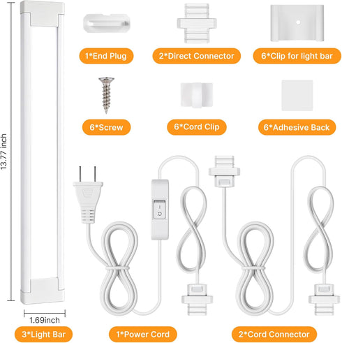 3 Pack 6500k Counter 14inch 110V Plug in Under Cabinet Lighting for Kitchen, Bright Under Lights