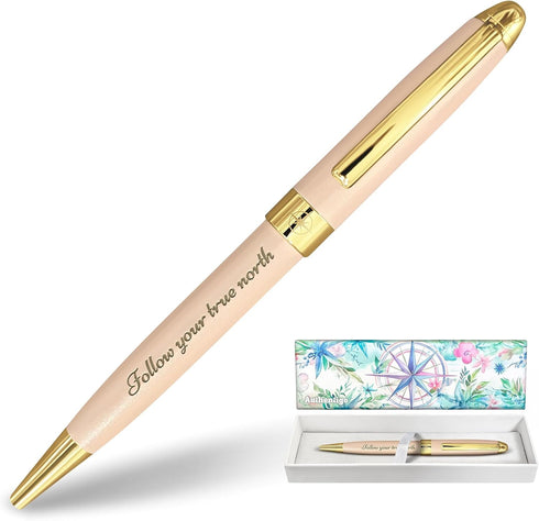 Follow Your True North Ballpoint Pen for Women, Inspirational Pink Pen with Gold Trim, Gift Box, Extra Refill, Black Ink
