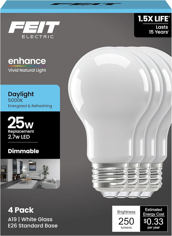 Feit Electric Enchance A19 LED Light Bulbs, 2.7W (25W Equivalent), 5000K Daylight,