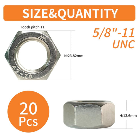 HXCOMET 5/8"-11 (20pcs), 304 (18-8), Hex Nuts Stainless Steel Hardware, UNC, Coarse Thread