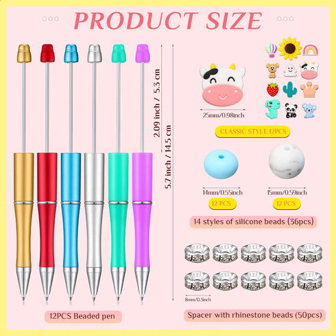 Ctosree 12 Pcs Beadable Pens Kit, DIY Cute Animals Bead Pens Making Kit with Black Ink for School Supplies