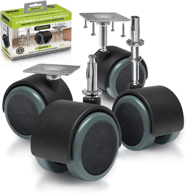 Slipstick CB681 Rubber Caster Wheels, 2 Inch Floor Protector, Set of 4, Black/Gray Green