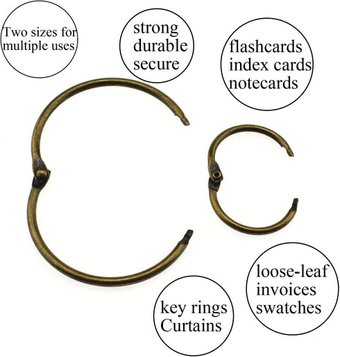 HAO PRO 12 Pack Extra Thick Loose Leaf Binder Rings, 2 Sizes, Bronze Metal Ring, 1" 2" Inside Width for Cards, Documents
