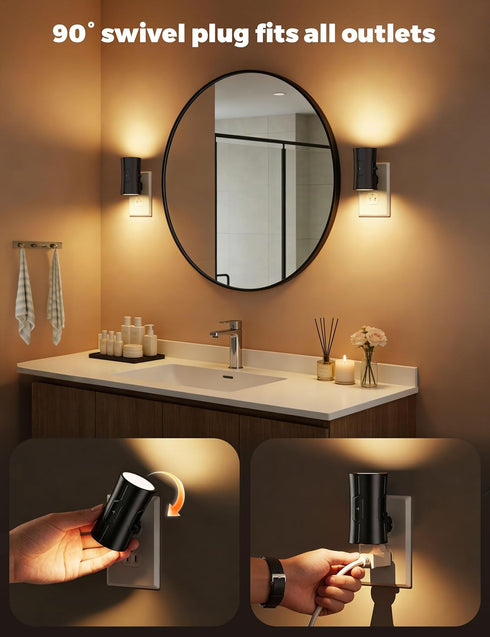 2-Pack Dimmable 90Rotatable 0-100LM 3000K 1W fesnne Night Light, Plug-in Night Light with Plug, Adjustable Brightness