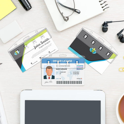 80 Pack Fuutreo Swipe Card Holder Horizontal Half Card ID Badge Holders with Grippers Hard Plastic Easy Access Rigid