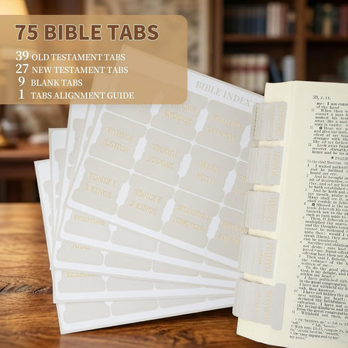 MIXVOVA 75 Laminated Bible Tabs for Women and Men, Large Print Study Bible Index Tabs with Gold Foil Embossed, Neutral