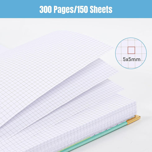 Graph Paper Notebook, 8.5" x 11" Spiral Notebook, 300 Page Hardcover Graphing Notebook for School, Leather Notebooks for Work, Engineering, Thick Large A4 Grid Notebook, 5 Squares, 24Pcs Tabs, Black by Amanple