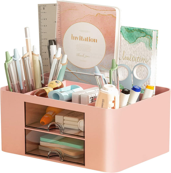 Marbrasse Pen Organizer with 2 Drawers, Multi-Functional Pencil Holder for Desk, 5 Compartments + Drawer for Office