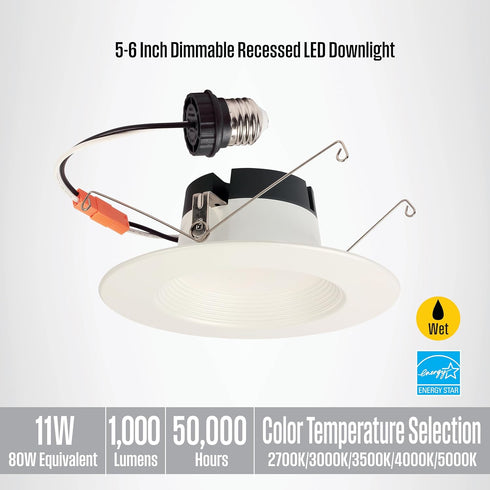 Westinghouse 5141100 11 Watt Recessed LED Downlight, 80 Watt Equivalent, Dimmable, ENERGY STAR, Medium Base, White Trim