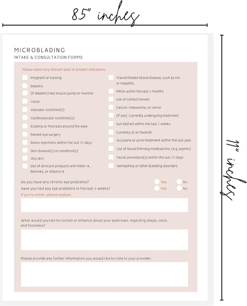 Microblading Client Paper Intake Forms| Consent Intake Consultation Aftercare | Brow Shape Notes for Tech | 100pk 25 Each | Paper Size 8.5 x 11” Medical History and Stages of Healing PMU in Tan by Lashicorn