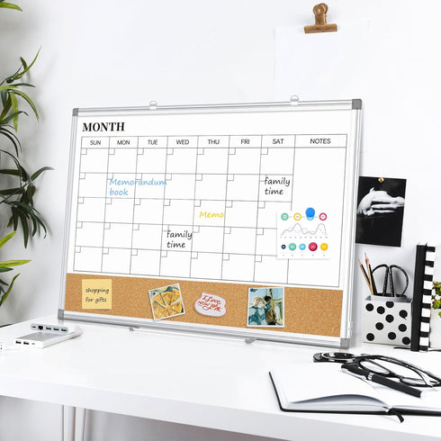 Dry Erase Calendar Board for Wall, 24"x18" Magnetic Whiteboard Calendar with Cork Board and Aluminum Frame