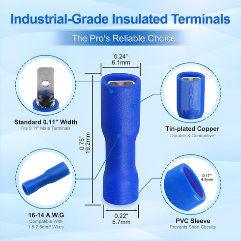 Baomain 100-Pack Female Quick Disconnect Spade Terminals, 0.11", 16-14 AWG, Fully Insulated Crimp Connectors