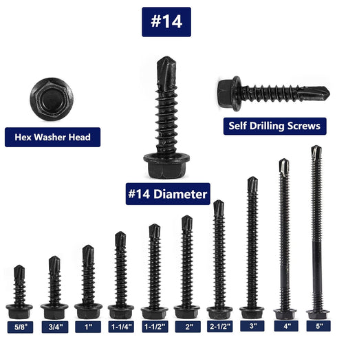 #14 x 5/8" Sheet Metal Screws, 100PCS 410 Stainless Steel Hex Washer Head Tek Screws, Black Oxide