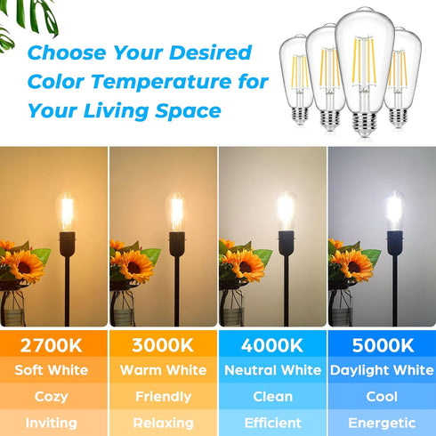 4-Pack Vintage E26 LED Edison Bulbs, 100W Equivalent, 1400LM High Brightness, 8W ST58 LED Filament, 4000K Daylight