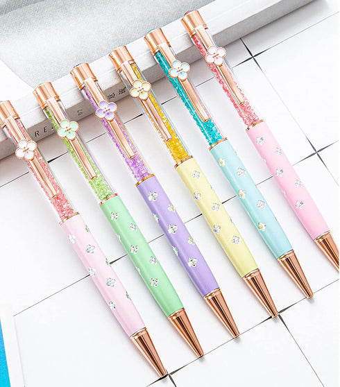 Gullor 6 Pieces Black Ink Pens: Medium Point Ballpoint Crystal Pen with Four-leaf Clover, Purple