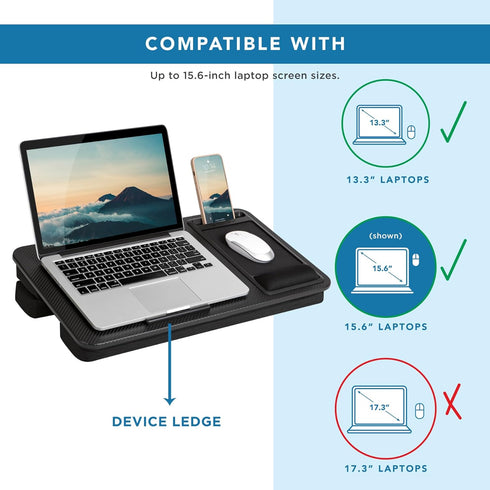 LAPGEAR Large Adjustable Lap Desk, Memory Foam Wrist Rest, Mouse Pad, Phone Holder, Fits up to 15.6 Inch Laptops (Black