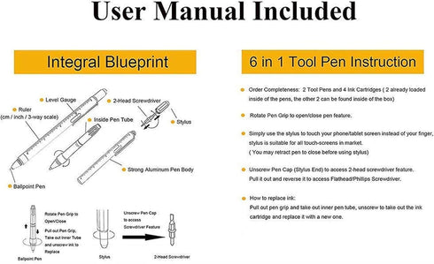HeTaoCat Gifts Multi Tech Tool Pen 6 in 1 Stylus Pen - Screwdriver Pen with Ruler, Levelgauge, Ballpoint Pen (Silver)