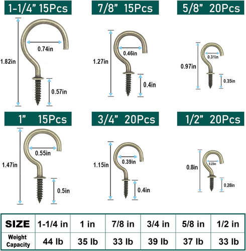 105 Pcs Screw Hooks in 6 Sizes - Bronze Cup Hooks for Hanging, Metal Screw Hooks (1/2" to 1-1/4")