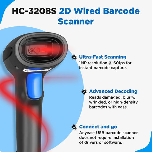 Generic 1MP 2D Barcode Scanner with Stand, Code Reader with Image Sensor, Barcode Scanner for Multi Purposes & Wired