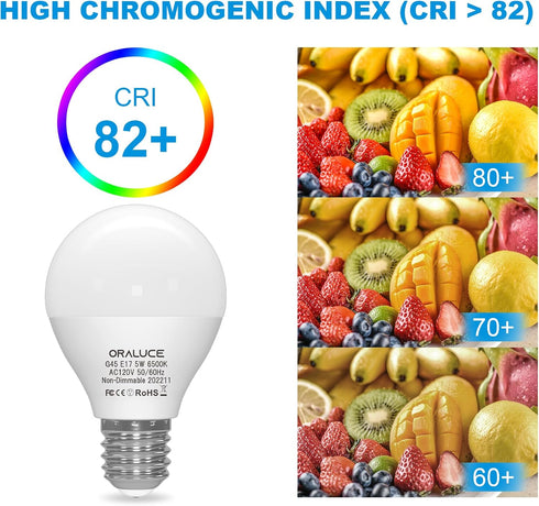 E17 Bulb 5 6500K, 40W A15/G45 Bulbs, 500 Non-Dimmable, 6 Pack ORALUCE LED Watts Cool White Equivalent Globe Ceiling Fan