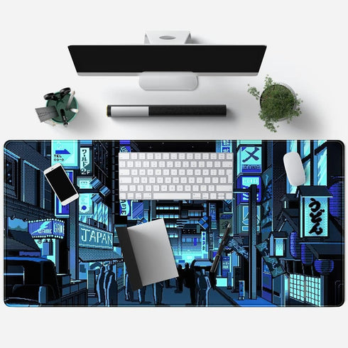 Japanese Gaming Arcade Blue Large Mouse Pad - Extended Desk Pad for Gaming Office Decor, 31.5x15.7 in