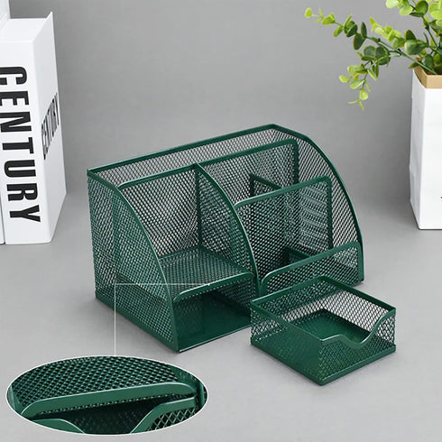 VANRA Office Supply Caddy Metal Mesh Desktop Supplies Organizer School Supply Holder Stuff Storage Organizer 6 Compartments with Drawer (Olive Green) by VANRA