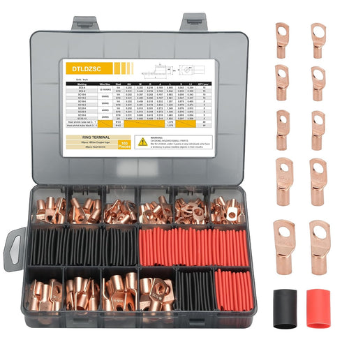 Thickened Copper Lugs Electric Wire Lugs AWG2 4 6 8 10 12 Gauge, 80Pcs Heavy Duty Battery Cable Lugs Ends with 80Pcs