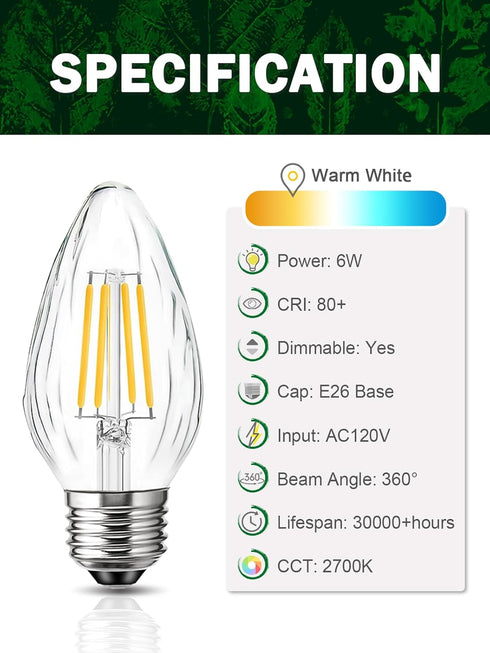 F15 6W E26 Bulb, 60 Bulb 2700K, Bulbs 4 Pack LED Equivalent Watt LED Light Soft White Vintage Edison for Front Porch