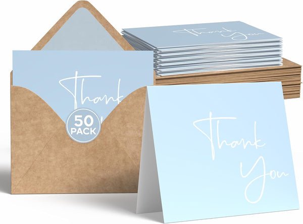 VNS Creations 50 Pack Thank You Cards With Envelopes, Stickers, 3.5x5 Inch