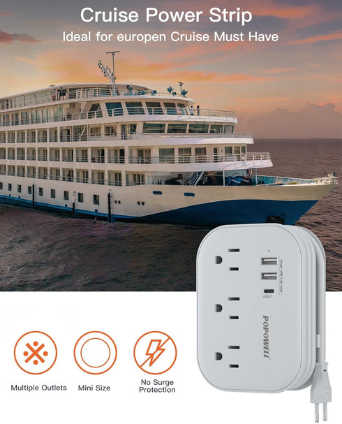 European Travel Plug Adapter USB C, Popowell International Adapter, 4 FT Power Strip with 3 Outlets & 3 USB