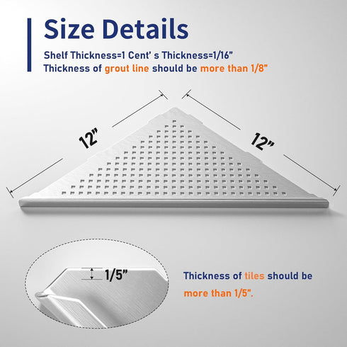 304 12" Corner Shower Shelf, Stainless Steel Brushed Recessed Bathroom Shelf, Grout in Shelf for Tiled Wall, Large Size